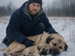 Bir adam yaralı bir dişi kangal köpeği ve yavrusunu kurtardı