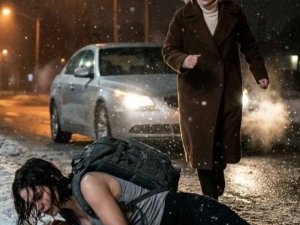 Kışın sokakta sadece askılı bir tişört giymiş,